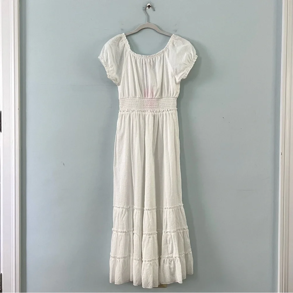 NWT‎ Betsey Johnson Cotton Clip Dot Smocked Puff Sleeve Optic White Midi Dress